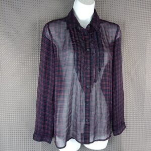 American Eagle Sheer Plaid Ruffle Button Front Blouse M Long Sleeve Favorite Fit